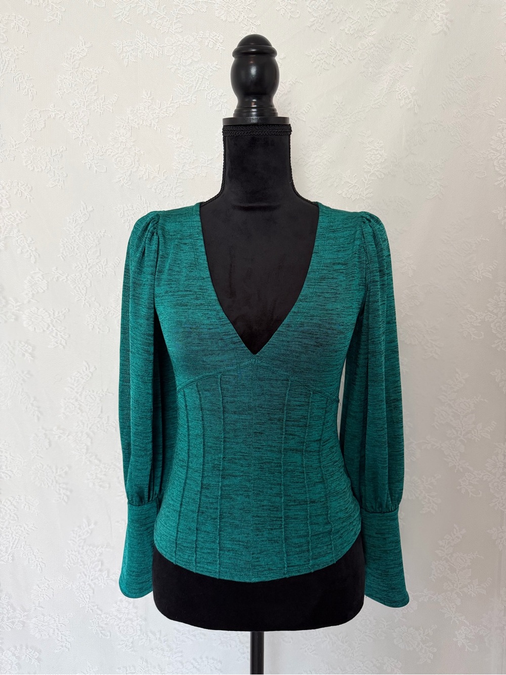 Free People Teal Green V-Neck Long Sleeve Blouse